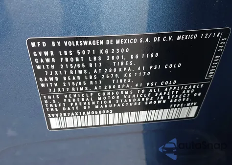 2019 Volkswagen Tiguan 2.0T Se/2.0T Sel/2.0T Sel R-Line/2.0T Sel R-Line Black z USA, uszkodzony, nr VIN 3VV2B7AX1KM058093